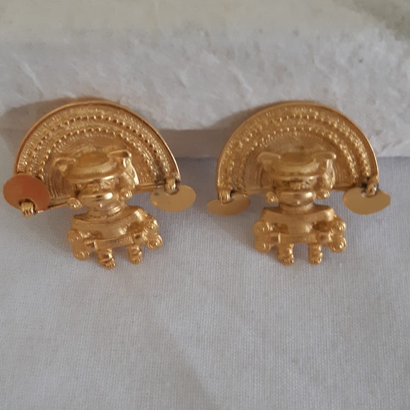 24K Gold Plated Mayan Tiki Clip Earrings